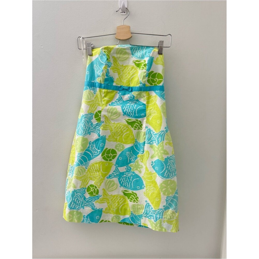 Vintage Lilly Pulitzer Fish Print Clearwater Green Blue Dress Strapless 6